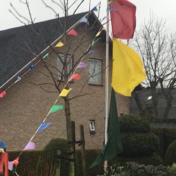 De vlaggen staan strak inboekel.